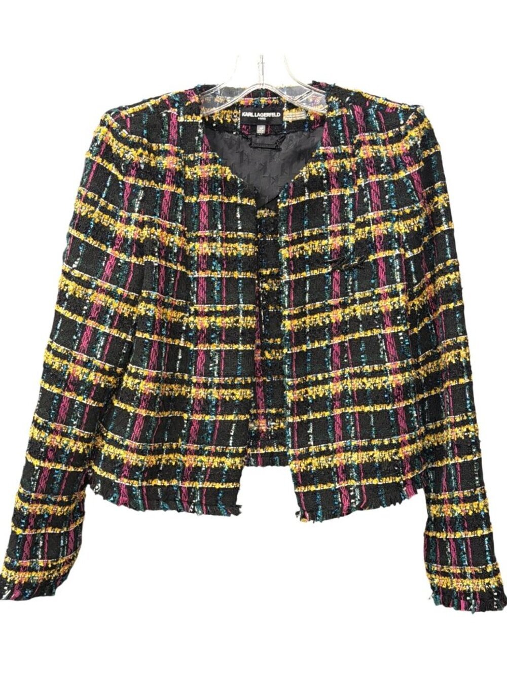 New Karl Lagerfeld Paris Multicolor Plaid Tweed Metallic Woven Jacket 10P 21,19